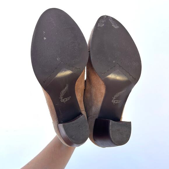 UGG Analise Suede Shearling High Heeled Booties Ankle Boots Tan 9.5 - Picture 2 of 9